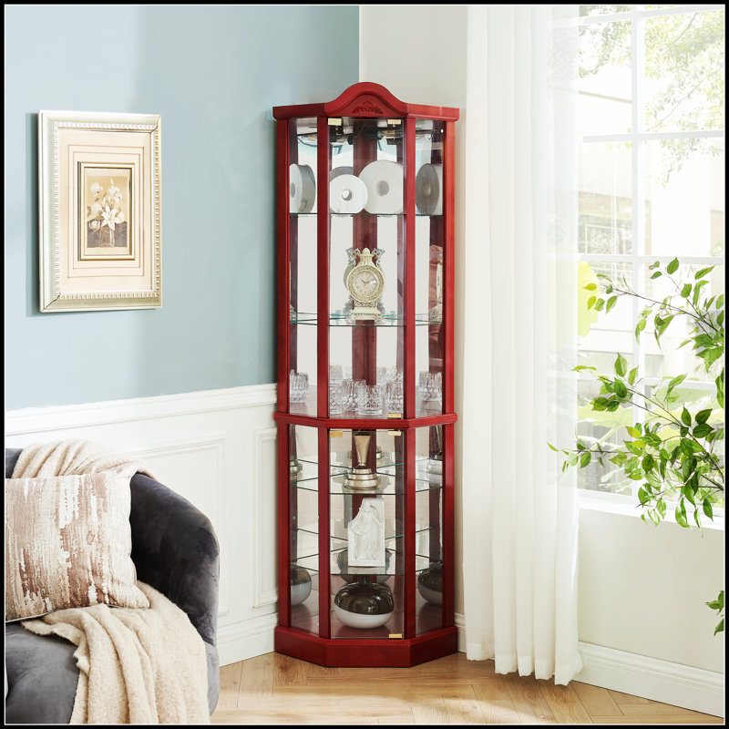 Glass Cabinet Lighted Corner Display Curio, Perfect for Showcasing Collectibles and Maximizing Space in Any Room, Cherry