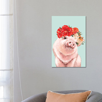 Baby Pig With Hawaiian Flower Crown In Green 1 Piece Wall Art on Canvas