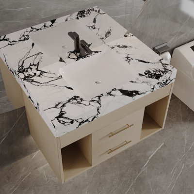 29.9" Modern Floating Bathroom Vanity With Sintered Stone Top Ceramic Undermount Sink Wall-Mounted For Small Bathrooms, Apartment