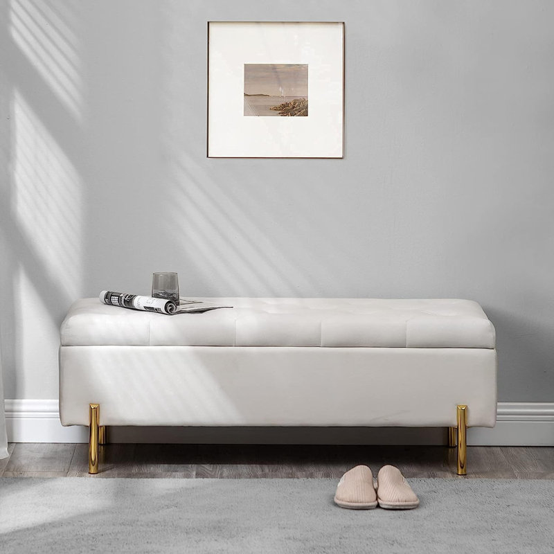 Velvet Storage Bench Ottoman,Versatile Seating With Hidden Storage,End Of Bed Bench,Tufted Bench With Storage, Ivory