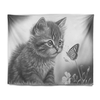 Digital Drawing Of Little Kitten With Butterfly IV Polyester Tapestry