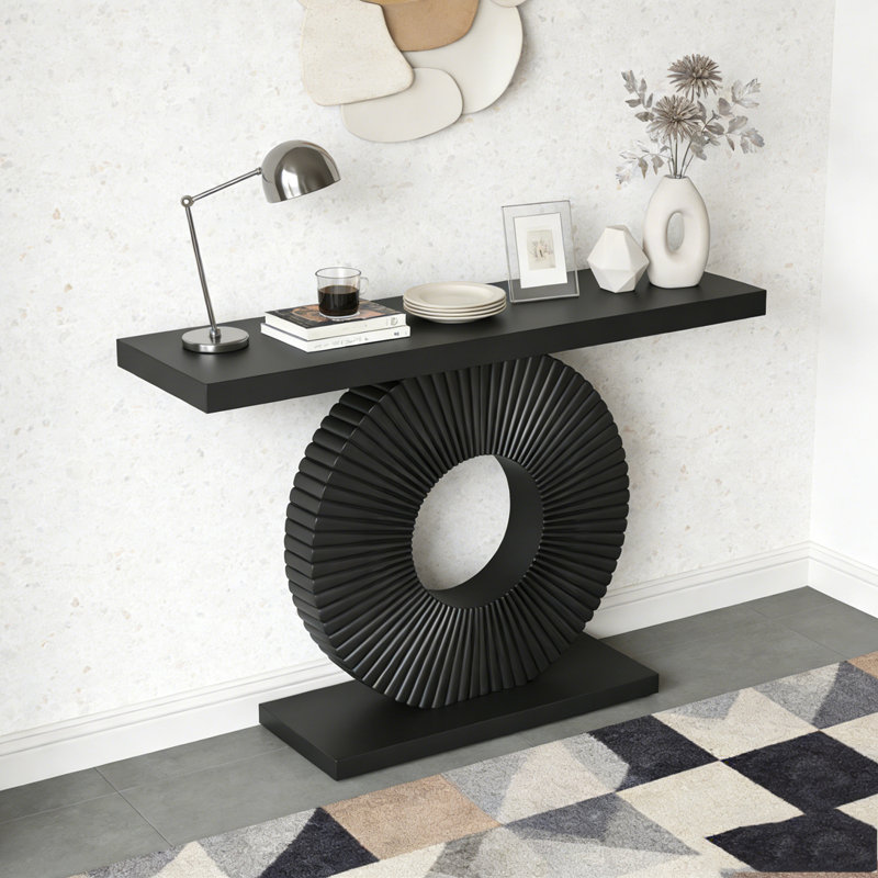 Modern Wood Sofa Table with Geometric Base, Black