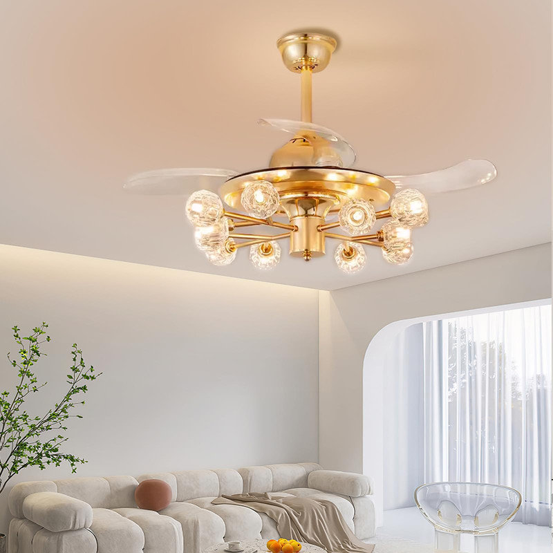 48" Gold Crystal Ceiling Fans with Lights,12 Lights Luxury Chandelier with Fan for Living Room,Modern Sputnik Fandelier with Light Remote for Bedroom,Brass Retractable Ceiling Fan