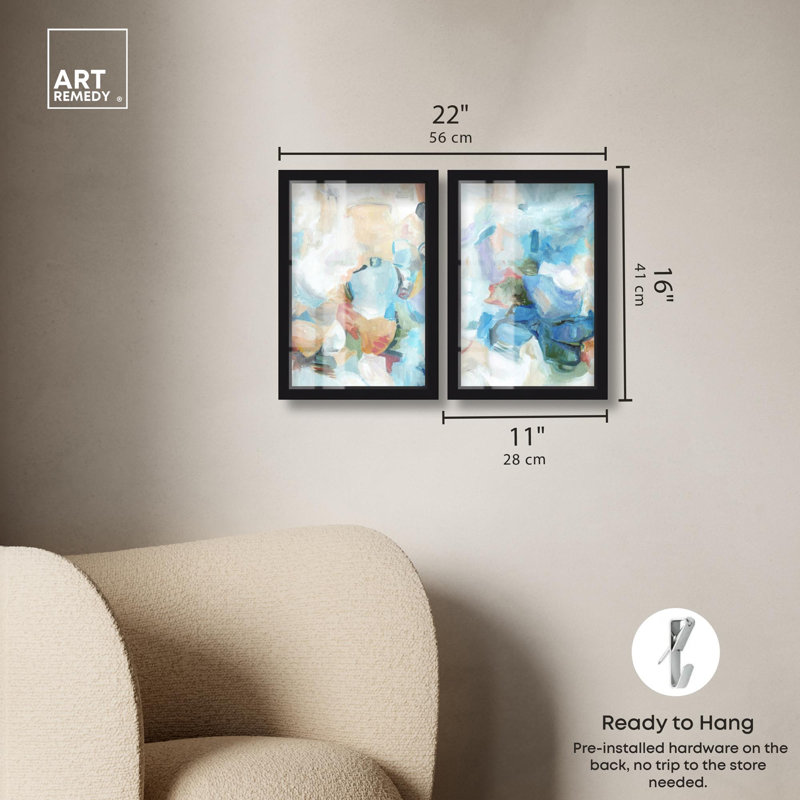 «Heavenly Stream Abstract Duo Shadowbox», ensemble d'art abstrait par Art Remedy, cadre noir, 10 x 15, H 16 po x l 11 po
