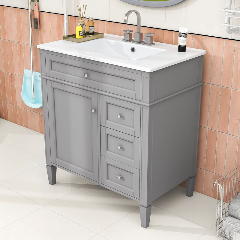 Élégant meuble-lavabo simple 30 po avec comptoir en céramique et plusieurs options de rangement, Gris