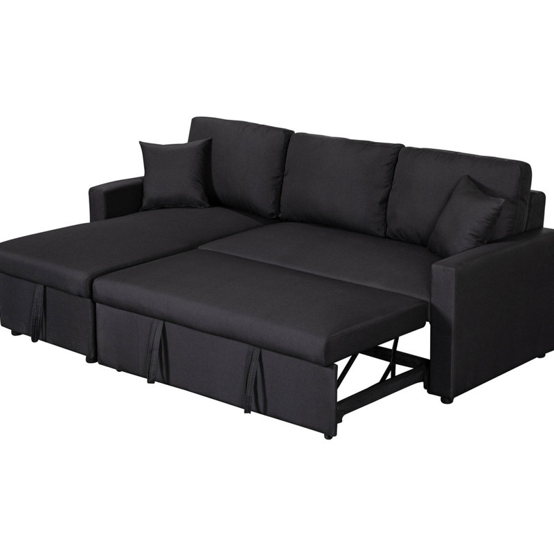Black Linen Fabric Sectional With Reversible Chaise Sleeper And Storage In Cloth