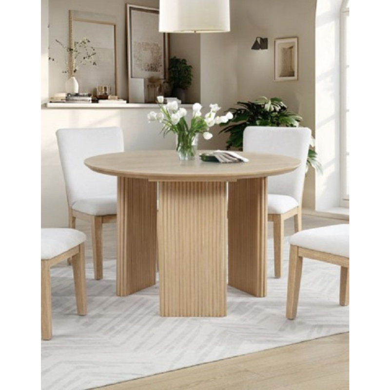 Natural Wood Round Dining Table, Fluted Design Legs Contemporary Dining Room Table, Chêne clair