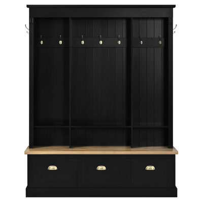 Elegant APP-Controlled LED Hall Tree with Bench, 9 Hooks, 3 Cabinets & Shelves, Farmhouse Entryway Organizer, Black