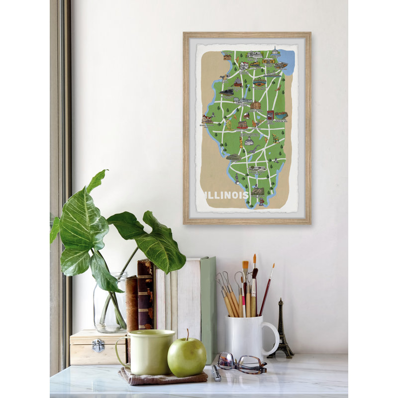 Illinois Road Map - Reproduction d'art graphique sur papier encadré, H 30 po x l 20 po x P 1,5 po