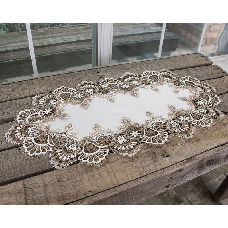 Elmwood Cocoa Earth Tone and White Jacquard Table Runner, 26" x 14"