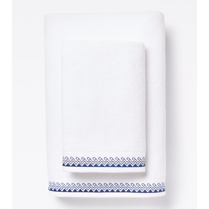 Wind + Wave Pure Cotton Hand Towel with Orchid Embroidery, White/Blue Ocean