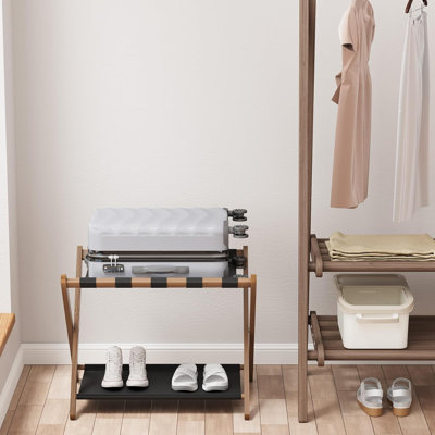 Porte-bagage en bambou noyer pour chambre d'amis, porte-valise pliable avec tablette de rangement, porte-bagage facile à assembler avec 5 sangles en nylon pour chambre d'hôtel