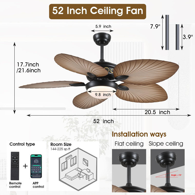 44"/52" Tropical plam Leaf Dimmable Ceiling Fan With Led Lights and Remote Control,Outdoor Waterproof Palm Leaf Ceiling Fan