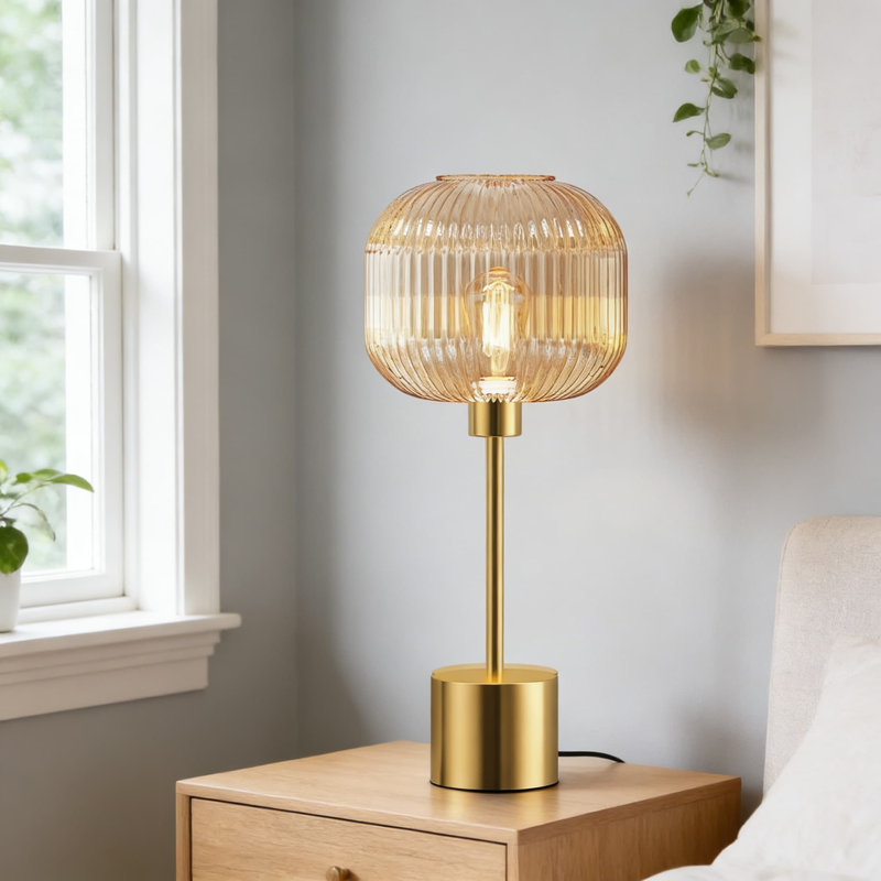 Modern Table Lamp With Ribbed Glass Shade, 3-Way Dimmable Touch Control Bedside Lamp For Bedroom Or Living Room, Includes Warm 2700K LED Bulb