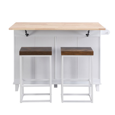 Farmhouse Kitchen Island Set With Drop Leaf And 2 Seatings,Dining Table Set With Storage Cabinet, Drawers And Towel Rack