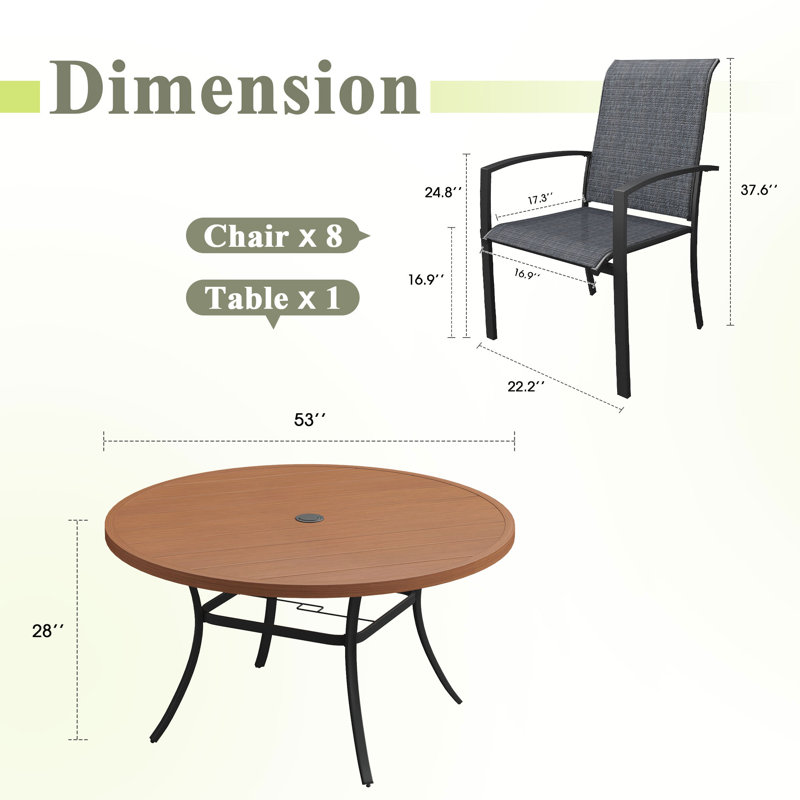 8-Person Round Patio Dining Set With Stackable Textilene Chairs, Black/Brush Wood Brown