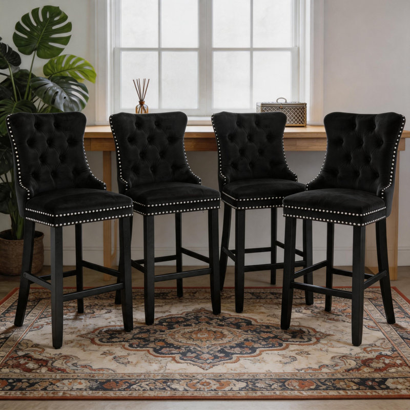 Velvet Kitchen Island Chairs Counter Height Barstools Set of 4, Black, Black, 4