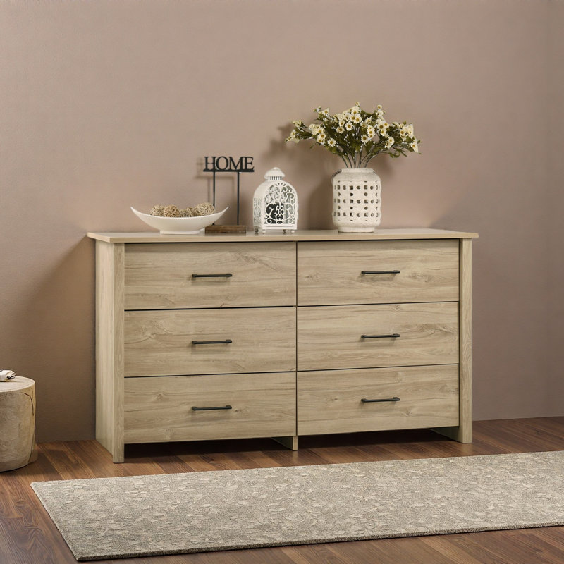 Commode 6 tiroirs 57 po avec poignées, Chêne clair