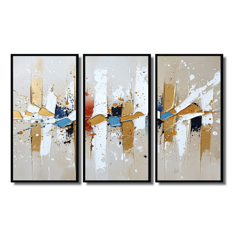 Urban transitionnel doré et blanc - ensemble d'art mural cubisme abstrait, Noir, H 32 po x l 48 po