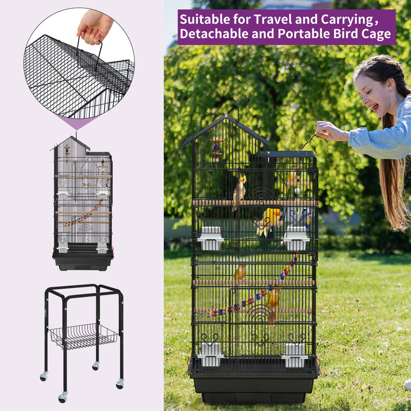 Large Black Metal Bird Cage with Rolling Stand and Toys