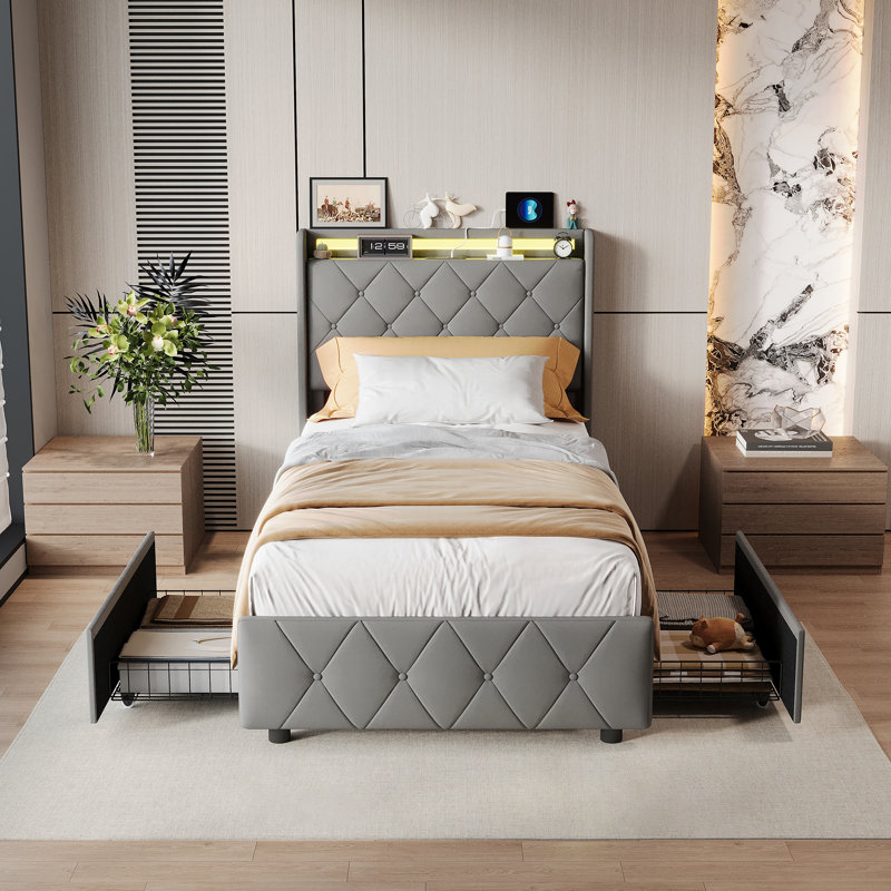 Upholstered Storage Bed, European Single (90 x 200 cm), Grey