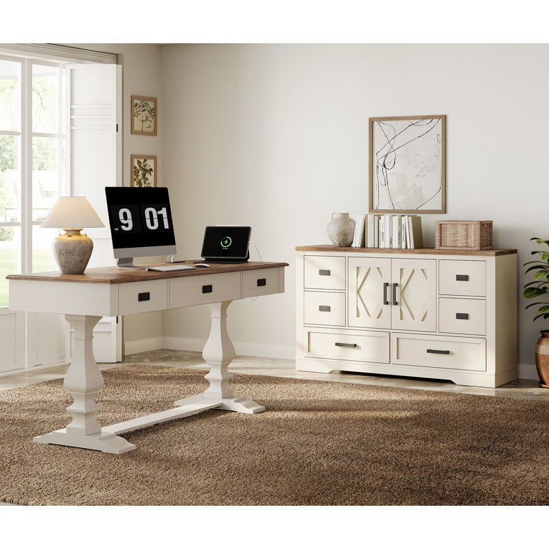 Ensemble de bureau de ferme avec armoire de rangement bahut Farmhouse, Chêne / blanc crème