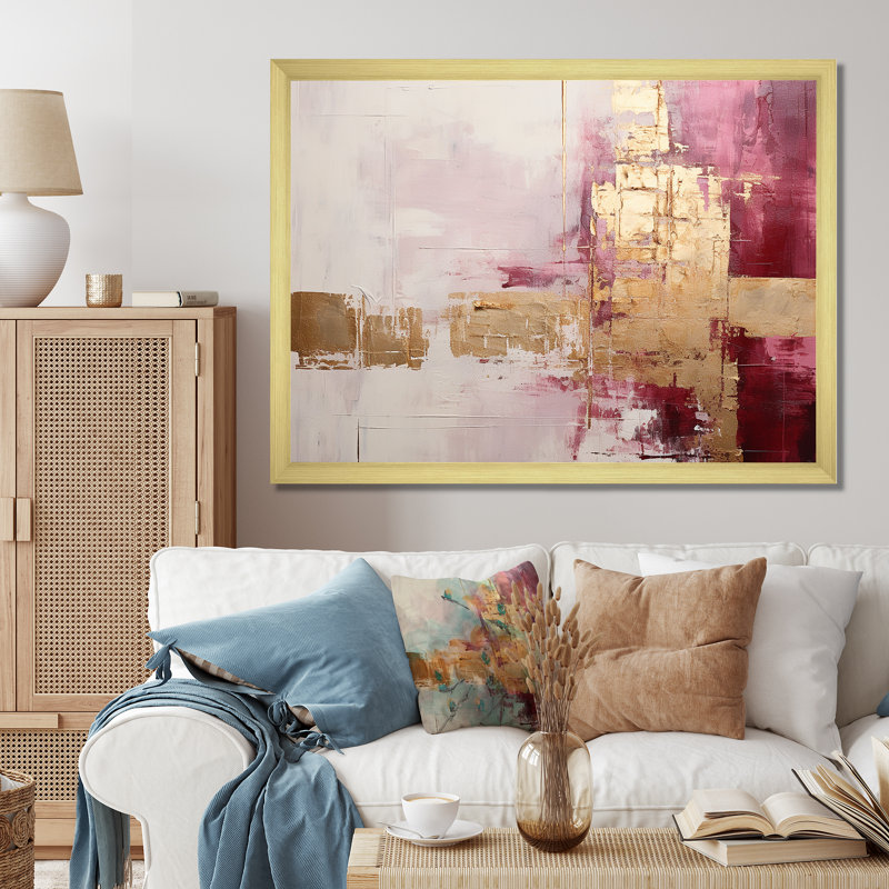 Minimalisme, horizon rose et doré - peinture abstraite, art mural, Cadre doré simple, H 12 po x l 20 po x P 1 po
