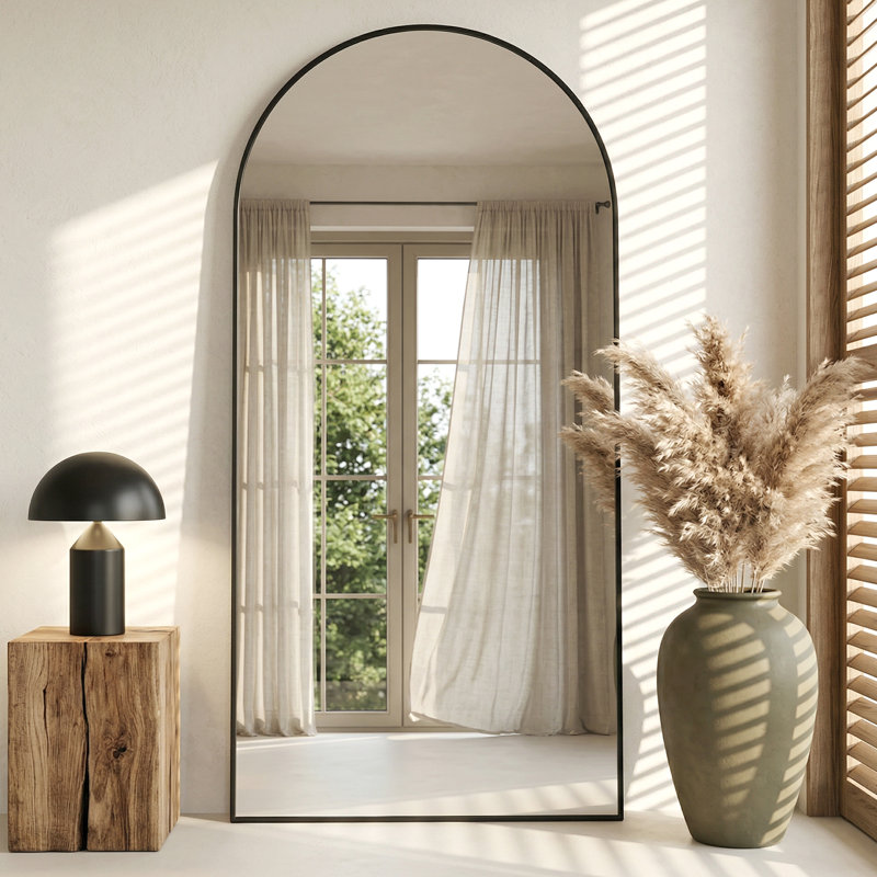 Miroir surdimensionné arqué en métal surdimensionné, 81 po x 41 po, Noir
