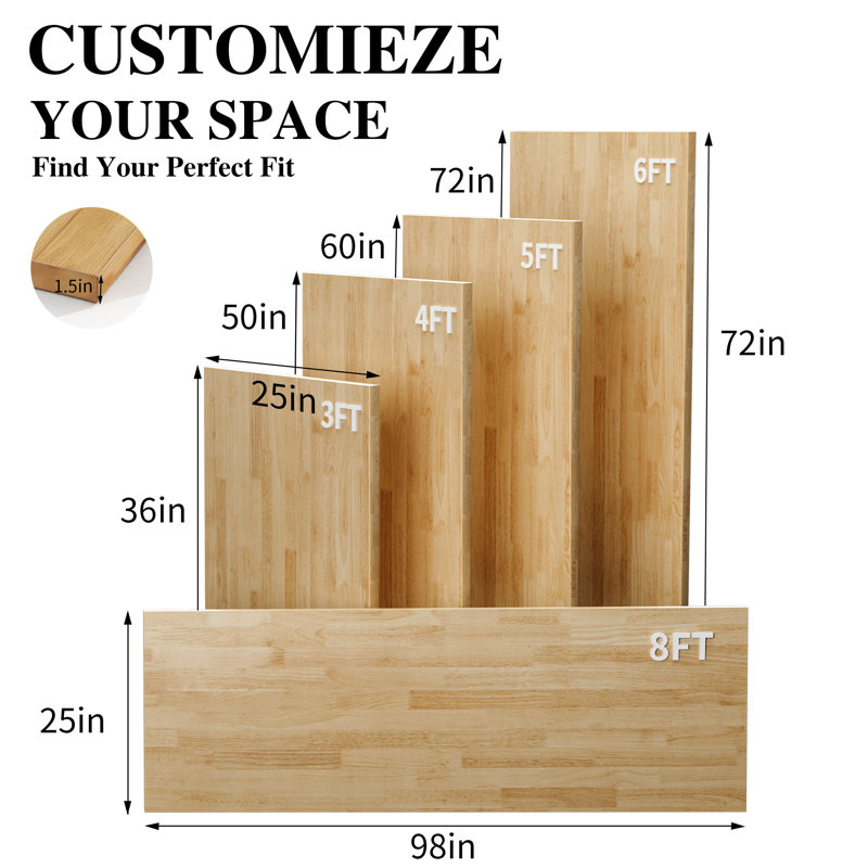 Comptoir en bois de bouleau massif non fini 60 po x P 25 po, H 1,5 po x l 60 po x P 25 po
