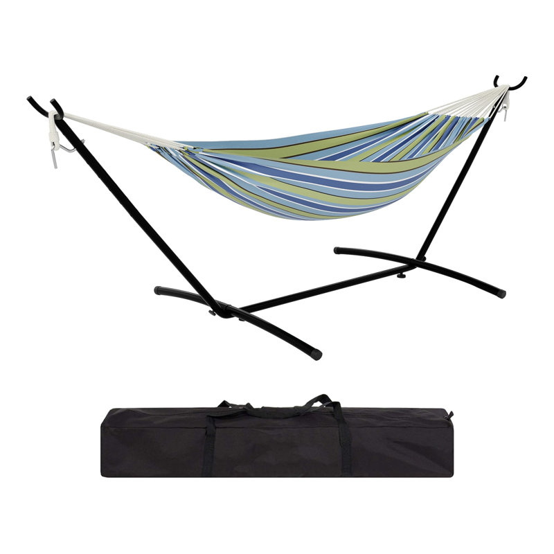 Hamac double avec support en acier peu encombrant, hamac robuste pour 2 personnes avec sac de transport, assemblage facile, capacité de 350 lb pour le camping dans la cour intérieure et extérieure, rayures bleu-vert