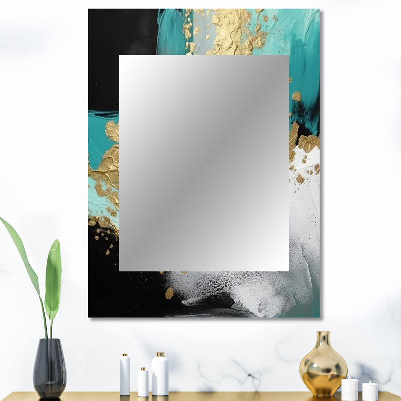 Pleine lune bonheur doré et turquoise abstrait I - peinture abstraite grand miroir mural, miroir unique moderne, impression sur métal