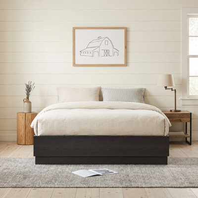 Modern Headboard-Free Wood Platform Bed with Stepped Base and Lift-Up Storage, Queen, Gunsmoke Dark Wood