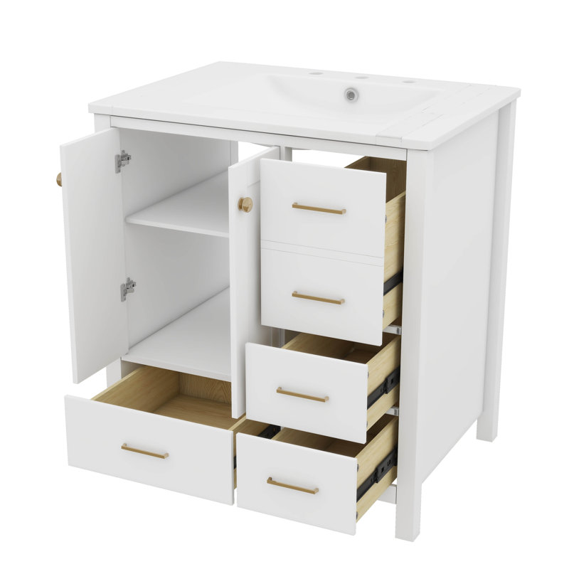 Meuble-lavabo autoportant 30 po avec 4 tiroirs et portes à fermeture en douceur, Blanc