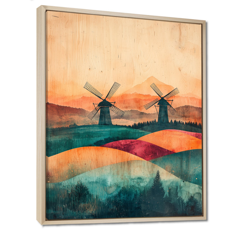 Dristi Windmills Into A Summer Field Landscape III - Windmills, art mural, H 32 po x l 16 po, Crème, crème