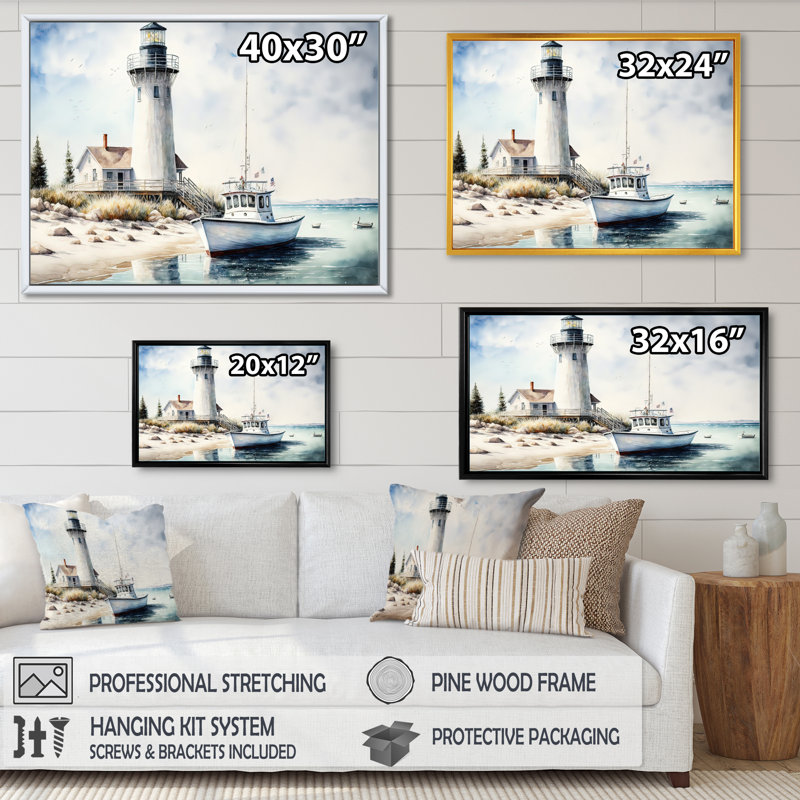 Bateau de pêche et phare I - plage côtière, art mural, H 12 po x l 20 po x P 1 po, Cadre flottant noir