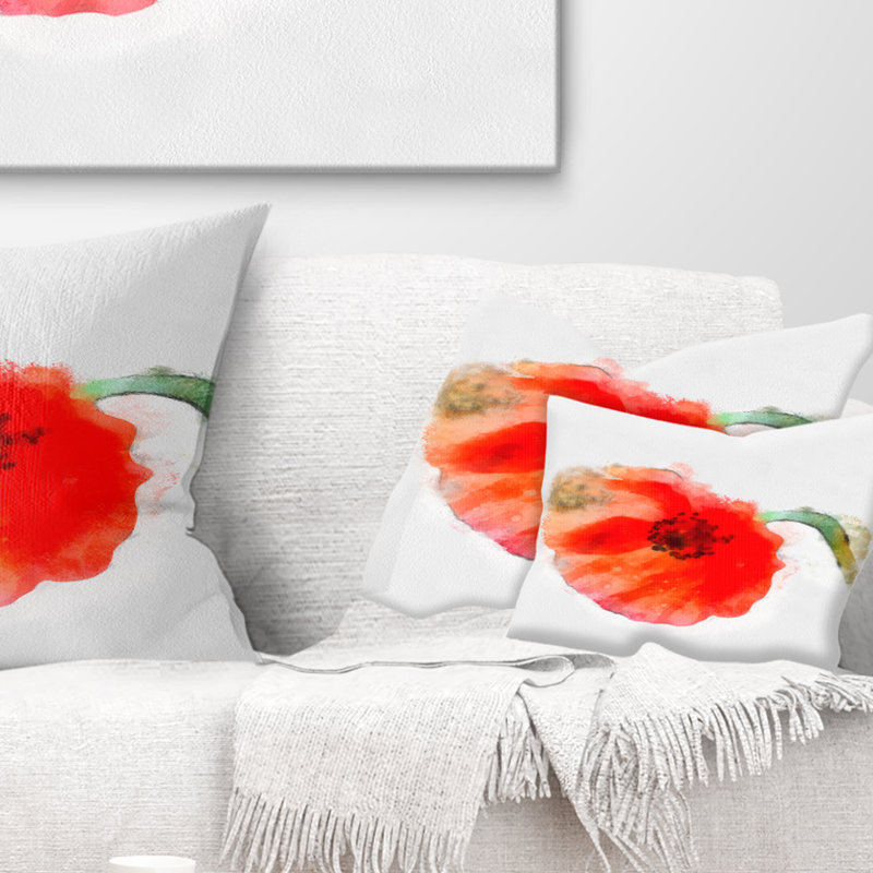 Grand coussin coquelicot rouge sur fond blanc - imprimé floral, Rectangle, 12 po x 20 po