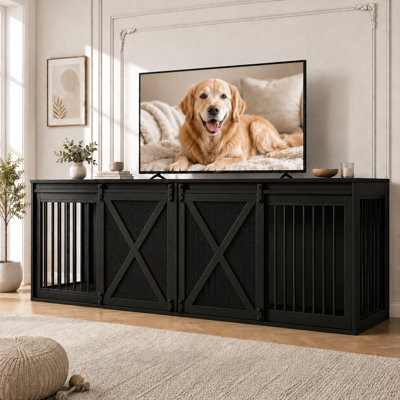 94.5 Inch Double Dog Crate Furniture, 35.4" Tall Thick Farmhouse Dog Kennel TV Stand with Divider for 2 Large Dogs, Black