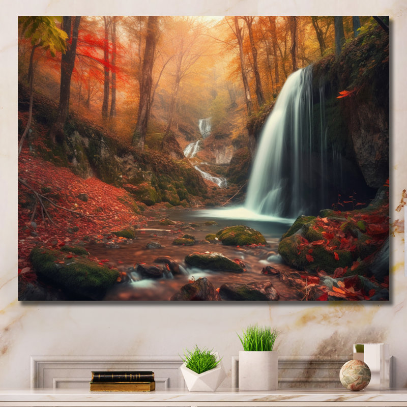 Chute d'eau dans la forêt d'automne II - impression, H 12 po x l 20 po x P 1 po, Toile tendue