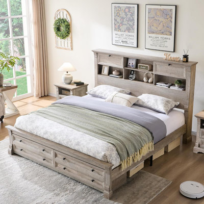 Farmhouse Storage King Bed Frame with 2 Underbed Drawers, Storage Headboard with 2 Bedside Drawers & Open Bookcase Shelves, Charging Station Included
