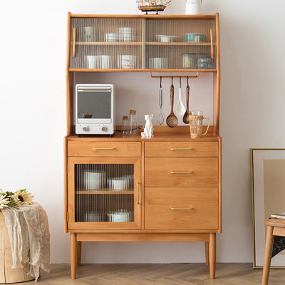 Cherry Wood Color Solid + Manufactured Wood+Glass Sideboard