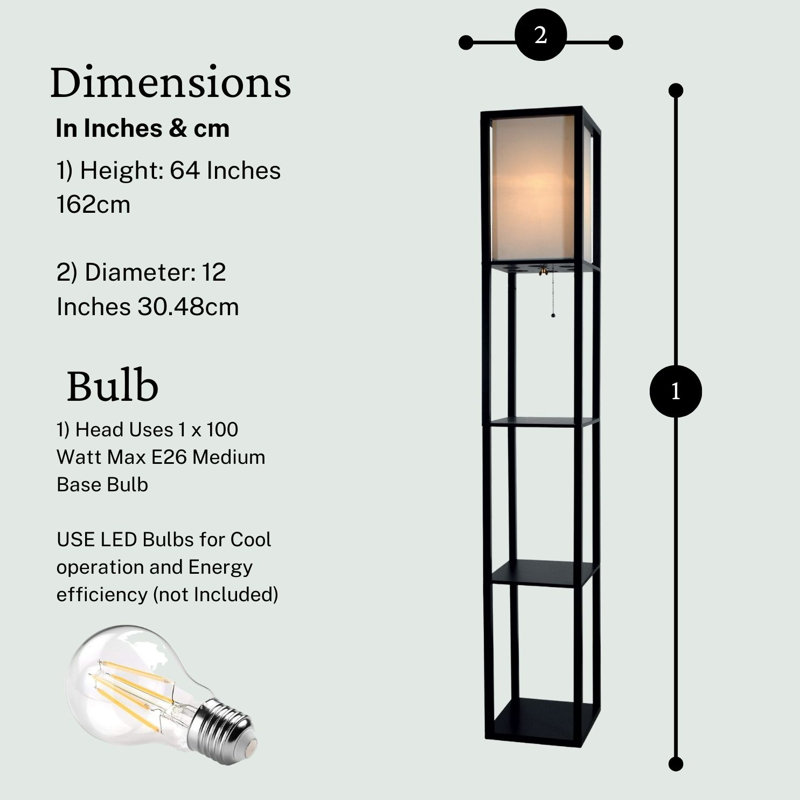 Lampe sur pied 63 "avec tablettes Ankrim - Lampe sur pied noire moderne avec tablettes de rangement en bois