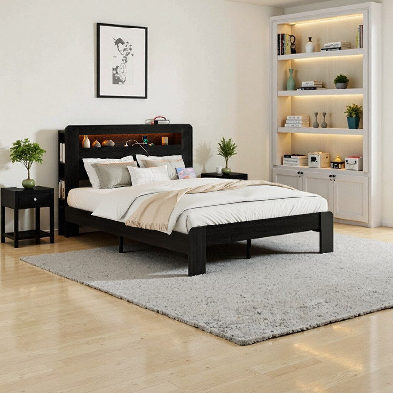 Grand lit plateforme avec tête de lit et station de charge USB, Grand lit