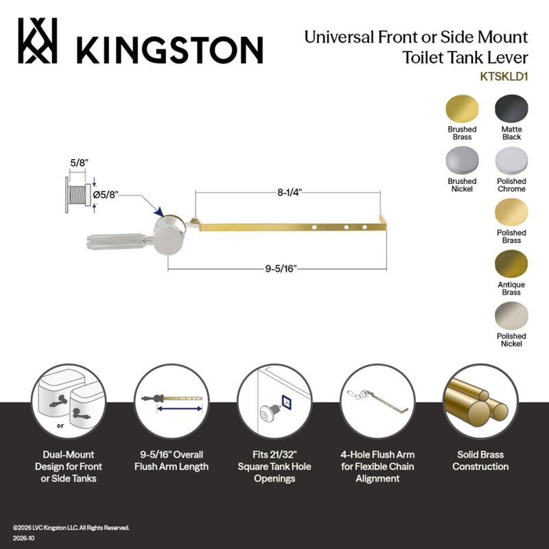 Levier de réservoir de toilette universel synchrone Kingston Brass à montage frontal ou latéral