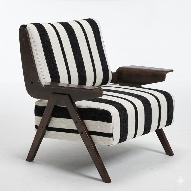 Fauteuil d'appoint moderne à rayures avec accoudoirs et pieds en bois massif, tissu noir et blanc