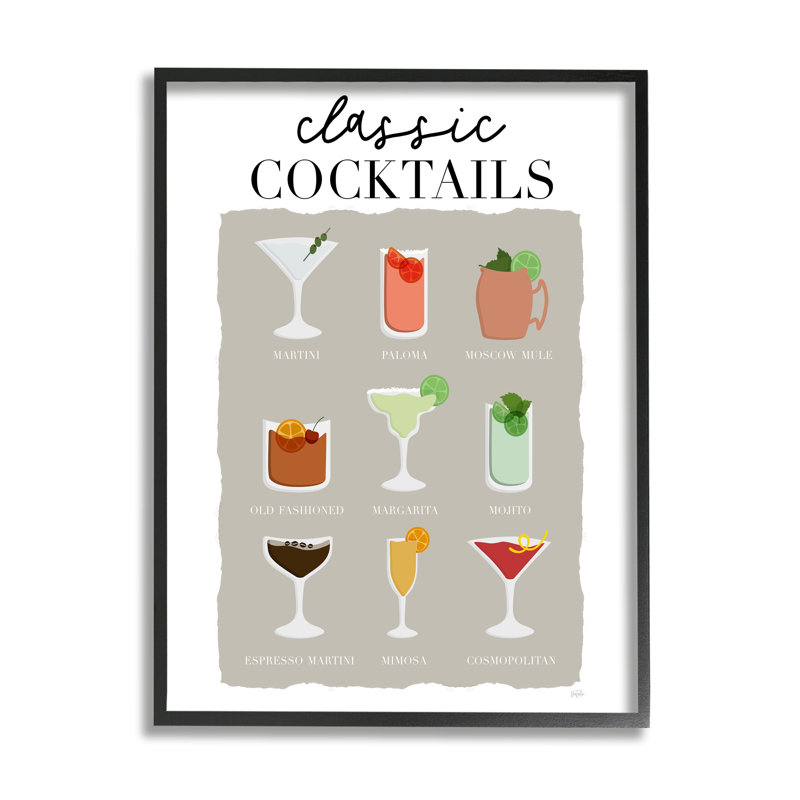 " Classic Cocktails Chart ", 14" H x 11" W x 1.5" D, Midnight Black Framed Giclee