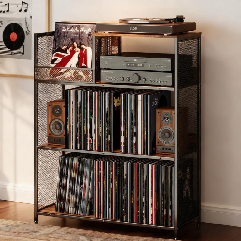 4-Tier Large Record Player Stand With Adjustable Dividers, Vinyl Storage For 450 Albums