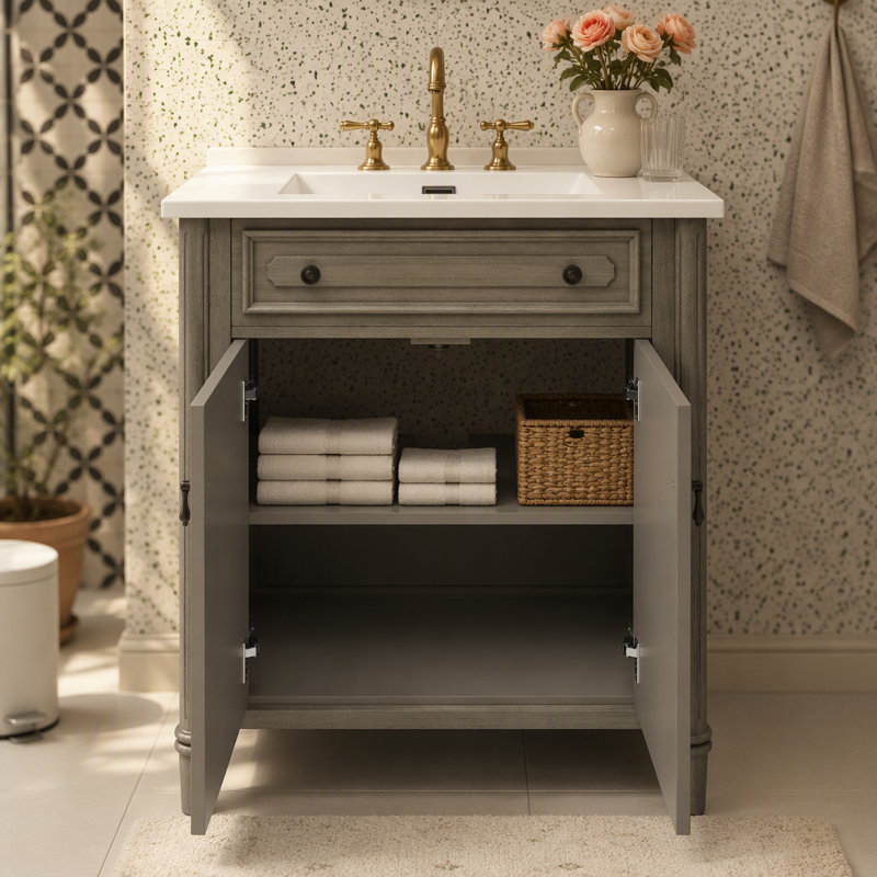 Meuble-lavabo de salle de bain rétro 30 po avec lavabo, armoire de salle de bain rustique avec portes à fermeture en douceur et tablette réglable, conception à profil courbé, pieds en bois d'hévéa, gris