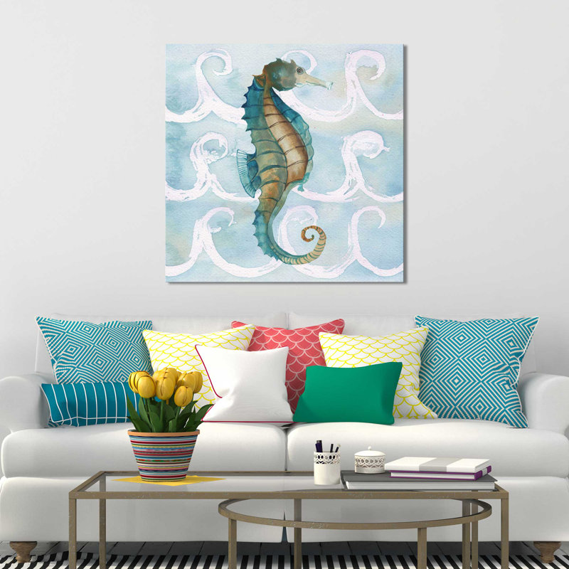 «Sea Creatures on Waves II», reproduction de peinture à l'aquarelle, H 24 po x l 24 po x P 1,5 po, Toile tendue