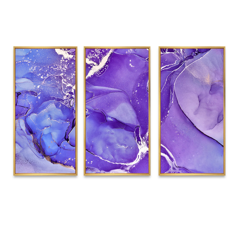 «Mauve et bleu liquide fuchsia», reproduction d'art sur toile 3 pièces, Cadre doré, H 20 po x l 36 po x P 1 po