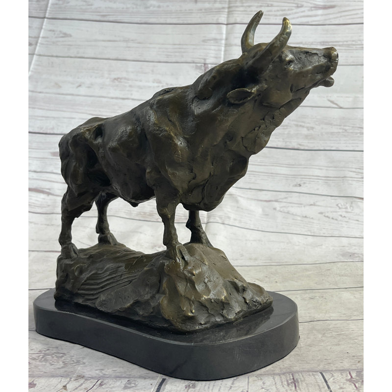 Bronze Bull Statue on Black Marble Base